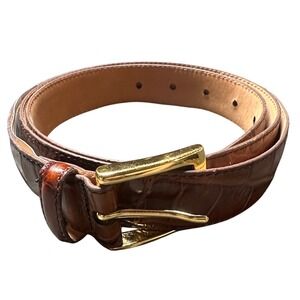 Jos A Bank Mens Brown Crocodile Embossed Leather Belt Gold Buckle Size 44